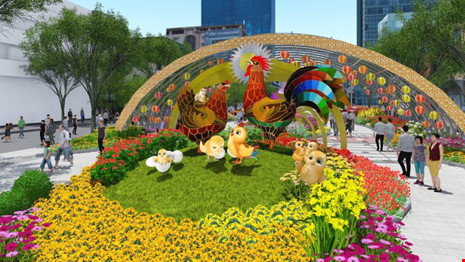 Mô hình linh vật gia đình gà tại cổng chào đường hoa. 