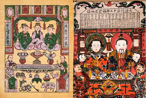 Tranh cổ vẽ ông Công, ông Táo của người Việt (trái) và người Trung Quốc. Ảnh: Alarmy