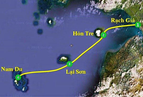 Bản đồ di chuyển bằng tàu từ Rạch Giá tới Nam Du.