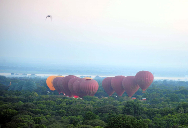Một nơi cách đó khá xa, những quả khinh khí cầu đang được đốt nóng để chuẩn bị hành trình. Nếu bạn tham quan Bagan bằng khinh khí cầu, bạn phải trả 400 USD cho gần một tiếng bay trên trời.