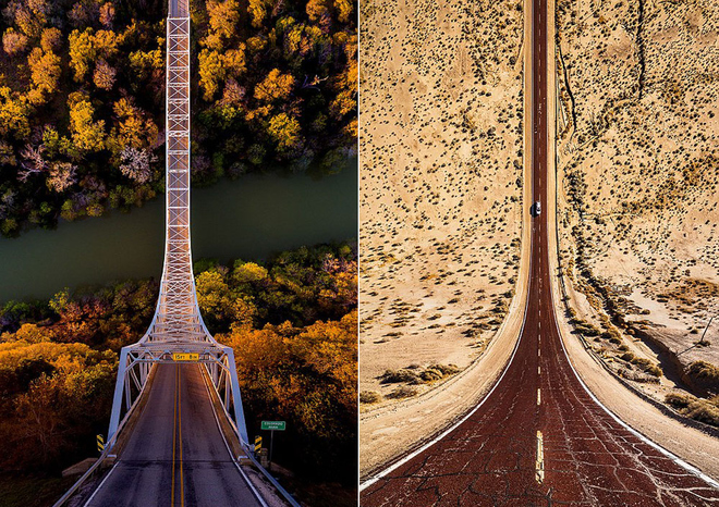 Nhiều du khách cho biết họ có cảm giác chóng mặt, bao tử quặn lại như say xe khi xem các bức ảnh này. Phía trên là cây cầu ở Texas (trái) và con đường đi qua sa mạc ở Arizona (phải). 