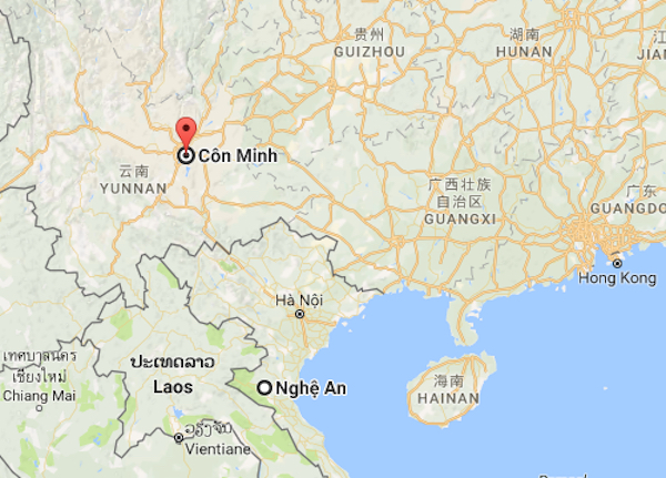 Vị trí của thành phố Côn Minh trên bản đồ. Ảnh: Google map