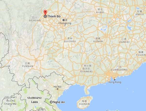Vị trí của thành phố Thành Đô trên bản đồ. Ảnh: Google map