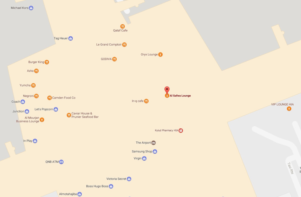 Phòng chờ Al Safwa (dấu đỏ) và một số cửa hàng, nhãn hàng trong sân bay quốc tế Hamad (Qatar). Ảnh: Google Maps.