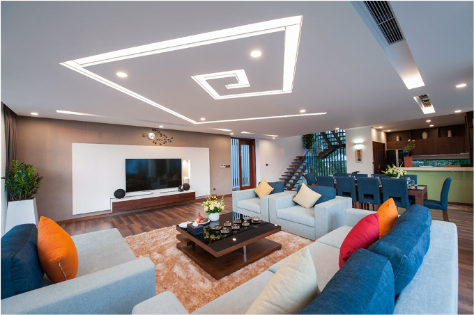 Tầng 2 với phòng khách và các phòng chức năng liên hoàn theo lối kiến trúc hiện đại, tối giản, đề cao nét sang trọng và tinh tế trong thiết kế nội thất.