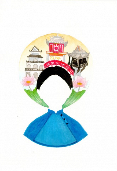 Nét vẽ Hà Nội thoáng hiện qua hình ảnh một cô gái trong trang phục truyền thống và những địa danh đặc trưng như Chùa Một Cột, Văn Miếu, Tháp Bút.