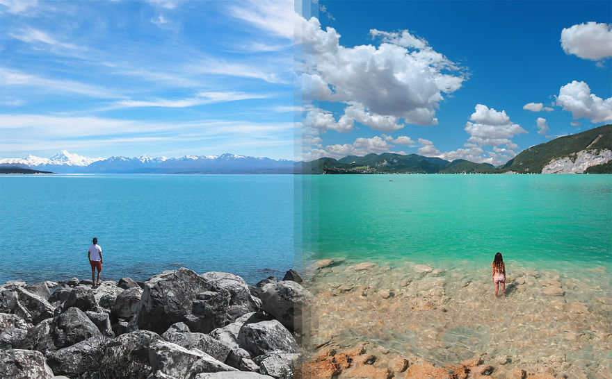 Hồ Tekapo ở New Zealand và hồ Wolfgang ở Áo 