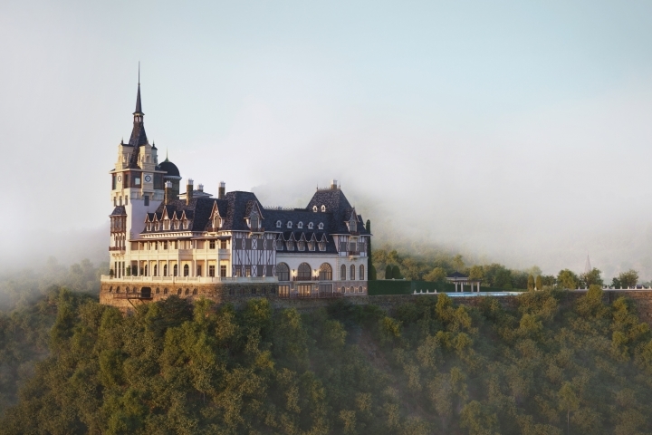Lâu đài ở Tam Đảo có kiến trúc pha trộn giữa phong cách Neo-Gothic và Phục Hưng, được lấy cảm hứng từ lâu đài Peles - Rumania (trái) và Schloss Neuschwanstein ở Bavaria - Đức (phải), với những bức tường viền gỗ sẫm màu và mái nhọn lợp đá Ardoise. 
