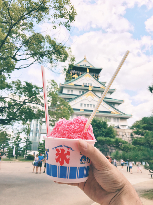 Địa điểm nổi tiếng nhất Osaka là lâu đài Osaka ở Castle Park. Mặc dù bị phá huỷ và tái xây dựng nhiều lần nhưng nét đẹp của nó vẫn được gìn giữ. Nếu tới đây, bạn cũng hãy thử một cây kem đá bào vị dâu hoặc trà xanh nhé. Đây đều là cácmón tráng miệng yêu thích trong mùa hè và thu.