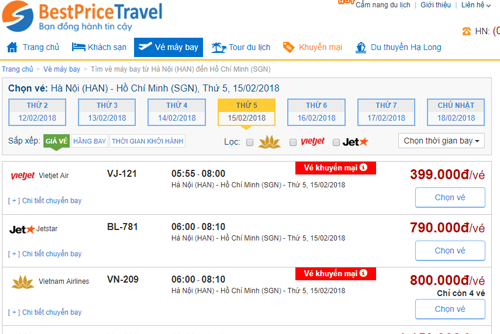 Trang hiển thị kết quả so sánh giá vé máy bay giữa các hãng. 