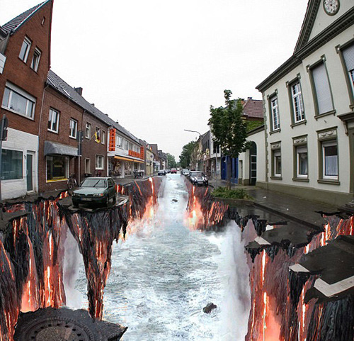 Trang Hongkiat vừa tổng hợp lại những con phố được trang trí với tranh 3D. Những tác phẩm này từng khiến không ít người dân, du khách khi đi đường giật mình, toát mồ hôi vì cứ nghĩ trước mắt mình là vực thẳm. Trên ảnh là một con phố ở Geldern, Đức, được biến hóa dưới bàn tay của nghệ sĩ Edgar Mueller. 