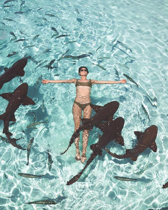 Một trong những điểm đến Sorelle yêu thích nhất chính là quần đảo Bahamas, nơi cô trải nghiệm cảm giác bơi cùng rùa biển và cá mập. Không chỉ vậy, cô gái Australia còn có cơ hội dạo chơi trên bãi tắm cùng đàn lợn, thằn lằn iguana, lặn ngắm hang động nơi từng quay James Bond... 